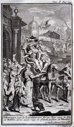 Telemaco lascia Lacedemone su un carro con il figlio di Nestore dopo aver ricevuto grandi doni da Menelao. Illustrazione per il libro XV dell