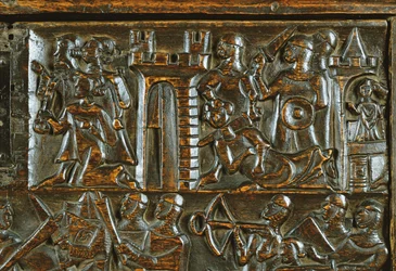 Il baule di Courtrai che raffigura i soldati di fanteria fiamminghi che sconfiggono la cavalleria francese (dettaglio)
