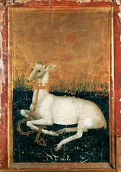 Il dittico di Wilton, particolare, verso destro: il cervo bianco, emblema del re Riccardo II (tempera all
