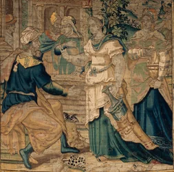 Le collezioni universitarie. Arazzo fiammingo. Le figlie di Jetro raccontano al padre di aver incontrato Mosè. (dettaglio). Oudenaarde. Ca 1550.