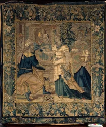 Le collezioni universitarie. Arazzo fiammingo. Le figlie di Jetro raccontano al padre di aver incontrato Mosè. Oudenaarde. Ca 1550