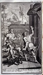 Ulisse arriva alla casa del pastore Eumeo, o potrebbe essere divorato dai cani. Illustrazione per il libro XIV dell
