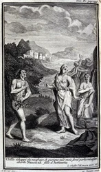Ulisse sfugge al naufragio, e sebbene nudo ma costretto dalla necessità si avvicina a Nausicaa, figlia di Antinoo. Illustrazione per il libro VI dell