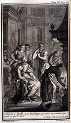 Ulisse parla con Penelope, che non lo riconosce. Illustrazione per il libro XIX dell