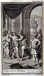 Ulisse assistito da Telemaco e due dei loro pastori disperdono tutti gli inseguitori. Illustrazione per il libro XXII dell