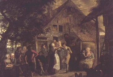 Contadini che festeggiano fuori da una fattoria