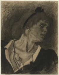 Busto di una donna con lorgnette e collana
