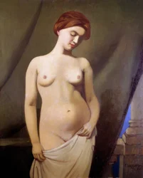 Nudo femminile, tenda verde