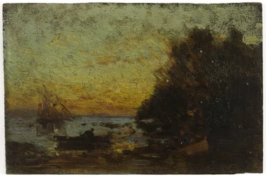 Barca e barche a vela, tramonto. Sul retro: Marina, tra il 1850 e il 1860