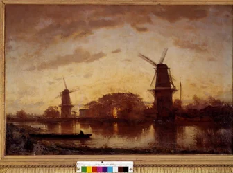 Le rive del fiume Amstel, paesaggio con mulini nei Paesi Bassi. Dipinto di Felix Ziem (1821-1911). 1852. Bordeaux, Museo delle Belle Arti