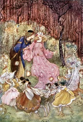 Coppia e elfi - in "Il Mio Paese delle Fate" di Fiona Malcom, illustrazioni di Florence Anderson