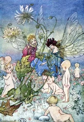 Donna-libellula (fata) e elfo circondati da bambini - in “Il mio mondo delle fate” di Fiona Malcom, ill. Florence Anderson