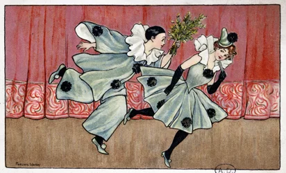 Pierrot che corre dietro a Colombina - dis. di Florence Hardy, inizio XX secolo