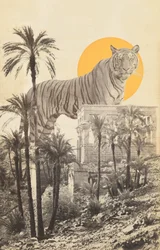 Tigre gigante tra rovine e palme
