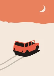 Auto rossa nel deserto con luna