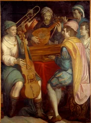 Concerto. Musicisti con liuto, spinetta, trombone e viola da gamba. Dipinto anonimo della scuola fiorentina 1550-1600