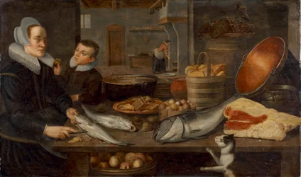 Una natura morta in cucina con una cameriera che pulisce il pesce su un tavolo e un ragazzo che tiene in mano una mela