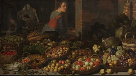 Natura Morta con Frutta e Verdura, con Cristo a Emmaus sullo Sfondo