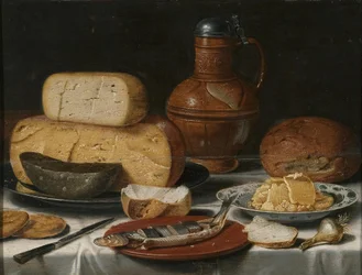Natura morta con formaggio, aringhe, pane e vino