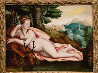 Diane de Poitiers, amante di Enrico II, re di Francia, come dea Diana (dipinto su tela)