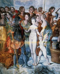 Enrico II e Diana di Poitiers, affreschi nella torre dorata della Ligue, Scuola di Fontainebleau, Castello di Tanlay (XVI-XVII secolo), Borgogna, Francia
