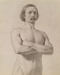 Studio accademico di nudo, mezzo busto con baffi e braccia incrociate, 1849