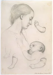 Pasto del neonato - Studio di una madre e un bambino con studi separati di braccio e gamba del bambino, 1848