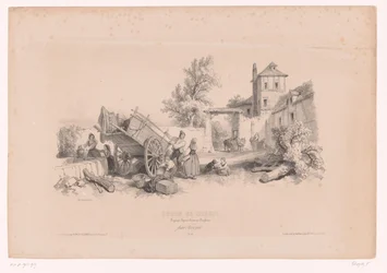 Fattoria con pozzo, carro di fieno e varie figure