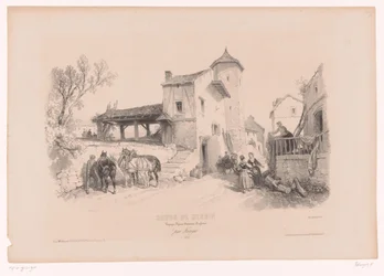 Strada del villaggio con cavalli e varie figure (serie Tekencursus con studi di paesaggi, animali e dettagli)