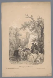 Compagnia con un asino davanti a un villaggio di montagna italiano (serie: Studi di figure in un paesaggio)