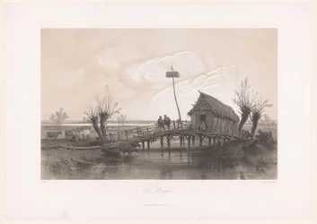 Paesaggio paludoso con mucche e figure presso una casa con ponte - Le Marais