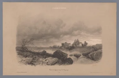 Viaggiatori e mucche presso un ruscello in un paesaggio