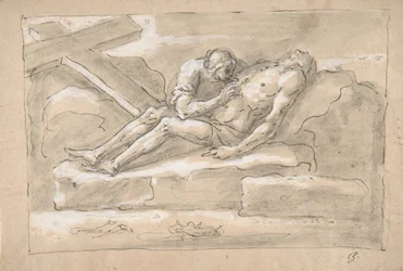 Il Cristo morto pianto dalla Maddalena che venera la sua ferita al fianco