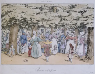 Bambini e bambinaie nel parco, dalla serie Tableau de Paris, inciso da C. Motte