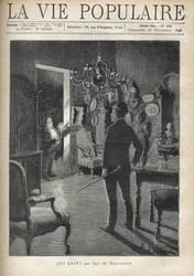 Un uomo sorprende un intruso a casa nel mezzo della notte. Illustrazione di F. Meaulle dopo B. Borione per "Who knows?" di Guy de Maupassant (1850-1893). Incisione del 1890 in "La vie populaire". Collezione privata