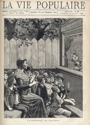 Una donna in mezzo a un gruppo di bambini applaude uno spettacolo di marionette (Guignol). Illustrazione di Fortune Meaulle per "Il contadino" di Paul Arene (1843-1896). Incisione in "La vie populaire"