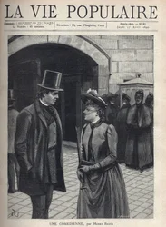 Una giovane donna con un cappello a velo che le copre il viso, che tiene un ombrello e un libro, parla con un giovane elegante, vestito e cilindro, mani in tasca. Dietro di loro un gruppo di donne severe, cappotto scuro e velato. Sono osservate da una donn