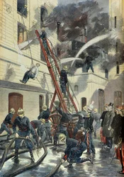 Felix Faure assiste alla formazione dei vigili del fuoco di Parigi nel 1898 (Incisione)