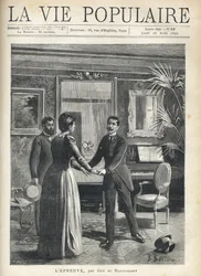 In un salotto borghese, un uomo si precipita verso la padrona di casa e le afferra le mani, lasciando cadere il cappello a terra, sotto lo sguardo stupito di un altro uomo. Illustrazione di Bernard Borione per il racconto di Guy