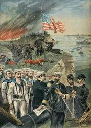 Sbarco delle truppe americane a Guantanamo, guerra ispano-americana del 1898 (Incisione)