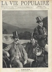 Due uomini in abito e cilindro sistemati in un attacco di cavallo, guidati da un cocchiere. Stanno andando lungo un fiume. Illustrazione per Chaos di Alexandre Hepp. Incisione di Fortune Meaulle