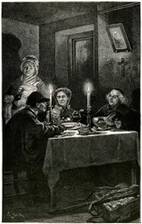 Victor Hugo "Les Misérables" Illustrazione di Lix incisa da Meaulle: il forzato e il vescovo. Jean Valjean, a cui il vescovo Myriel ha offerto l