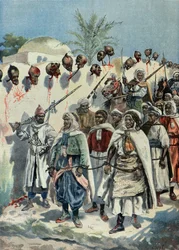 Insorti marocchini imprigionati passano accanto alle teste mozzate dei loro compagni nel 1897 (Incisione)