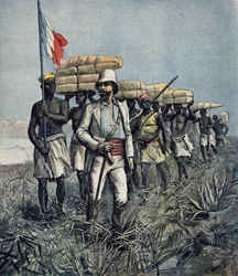 Il tenente Mizon (1853-99) nella sua missione esplorativa del 1892 nella regione del fiume Benue in Nigeria, da «Le Petit Journal», luglio 1892