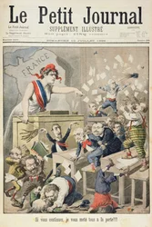 Pagina del titolo che raffigura un tumulto nella Camera dei Deputati, illustrazione dal supplemento illustrato di Le Petit Journal, 10 luglio 1898