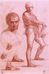 Studio di un uomo che tiene una spada e un libro, la spada e i piedi ripetuti due volte, e una testa maschile