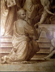 Pala del Gran Consiglio, dettaglio che raffigura un giovane santo inginocchiato