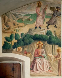 Cella 32: Gesù insegue il diavolo che lo tenta nel deserto; gli angeli gli portano il pane