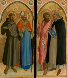 San Francesco e un santo vescovo, San Giovanni Battista e San Domenico, fine anni Venti del Quattrocento (tempera e foglia d