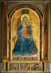 Santa Maria con il Bambino, circondata da angeli musicanti Sulla predella: predica di San Pietro, Adorazione dei Magi (dipinto su tavola)